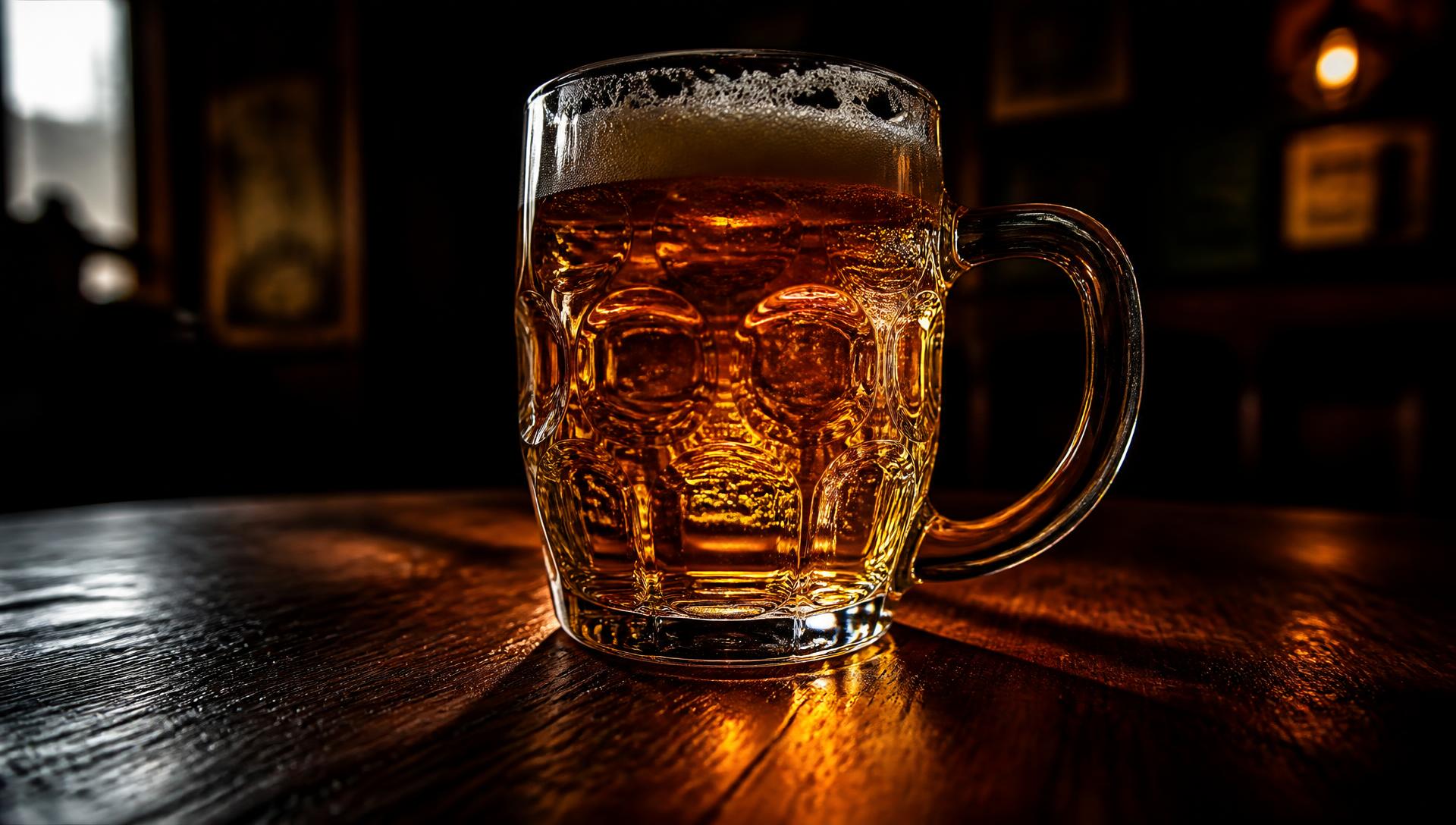 Vaso cervecero pesado sobre mesa de madera oscura con luz ámbar